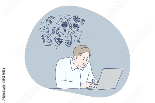 Anxiety, fatigue, business concept. Project deadline depression mental stress frustration panic overload crisis illustration. Frustrated businessman manager depressed freelancer working on laptop. 