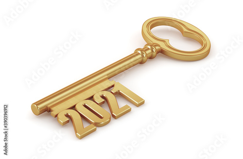 Happy New Year 2021. Golden shiny key with numbers 2021. New year illustration. 3d rendering. © 3dddcharacter