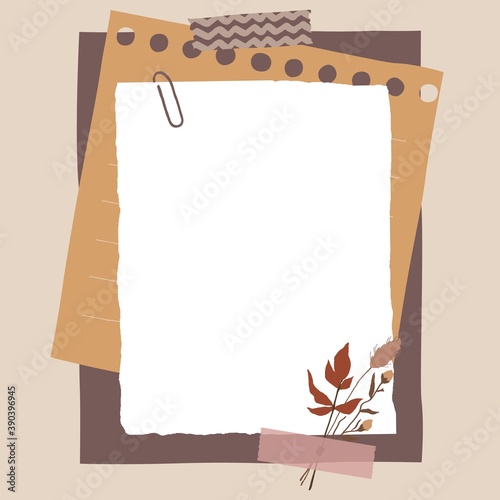 Scrapbook composition with notes paper, tapes and flowers elements. Page for stories