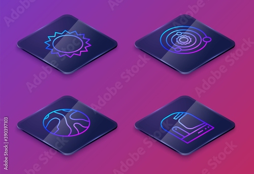 Set Isometric line Sun, Falling stars, Solar system and Astronaut helmet. Blue square button. Vector.