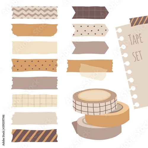 Set of cute colorful hand drawn masking tape, blank tags label stickers with patterns in pastel color as design elements for decoration.