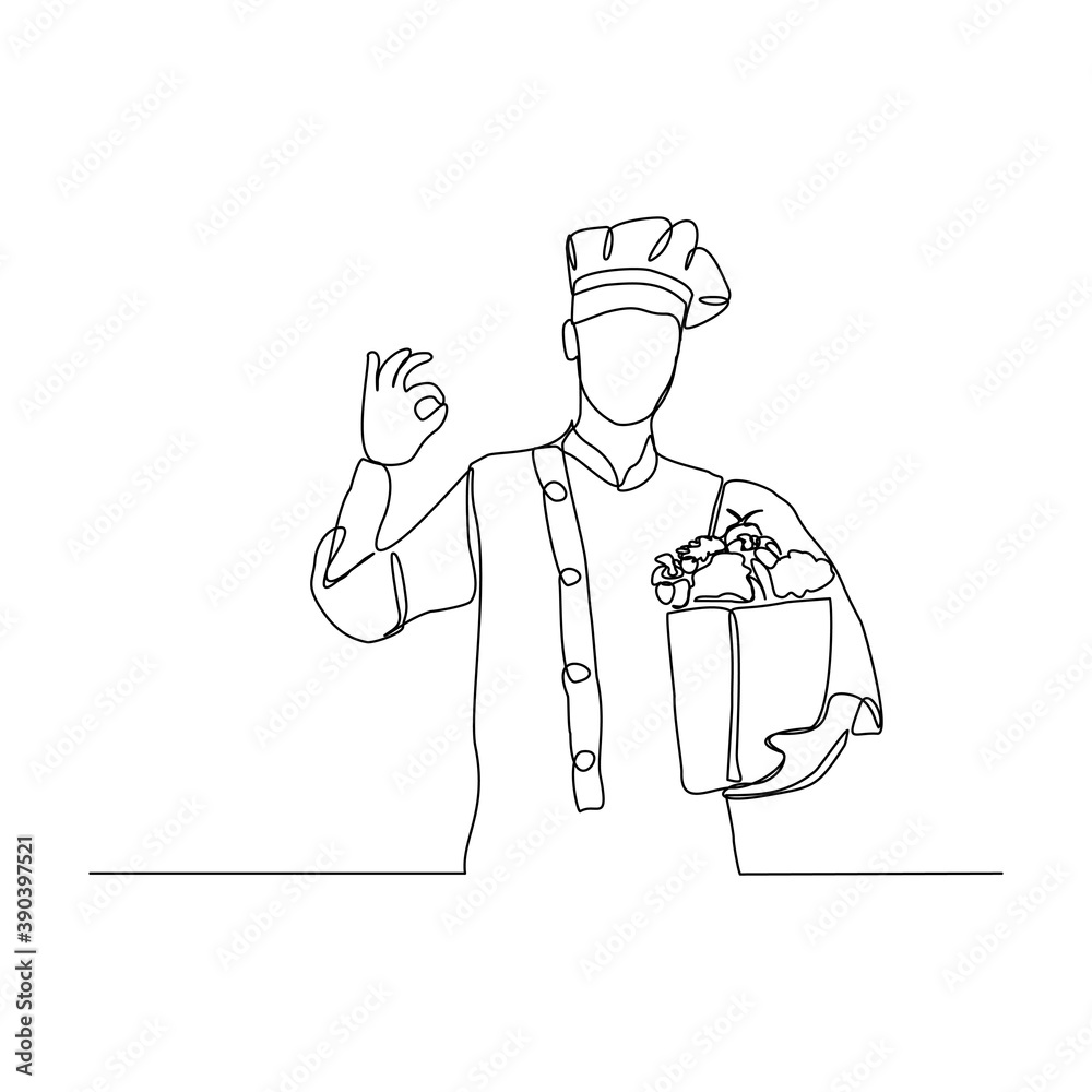 Continuous line drawing of chef man holding vegetable and fruit paper bag. One line concept of food shopping supermarket grocery. Vector illustration