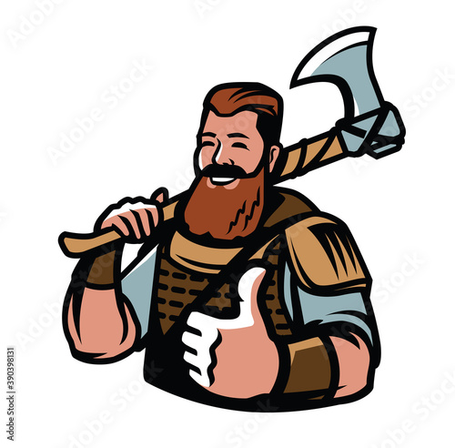 Nordic viking mascot. Warrior, barbarian sport logo vector illustration