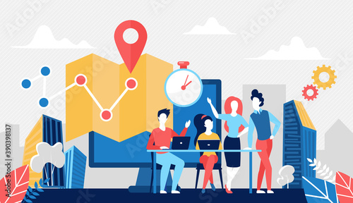 Delivery logistic service concept vector illustration. Cartoon team of deliver logistician people working with laptop in delivering company, online tracking transportation technology background