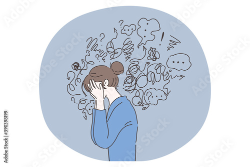 Headache, depression, anxiety concept. Vector illustration. Crying woman suffering fatigue from frustration depression complex psychological disease. Mental stress panic mind disorder illustration.