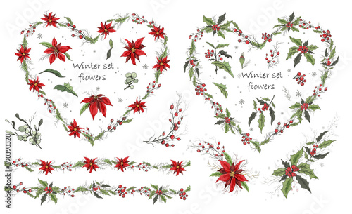 A set of winter flowers (poinsettia, mistletoe, Holly) isolated on a white background. realistic hand-drawn compositions of bouquets. decorations for seasonal cards, posters. Vintage style