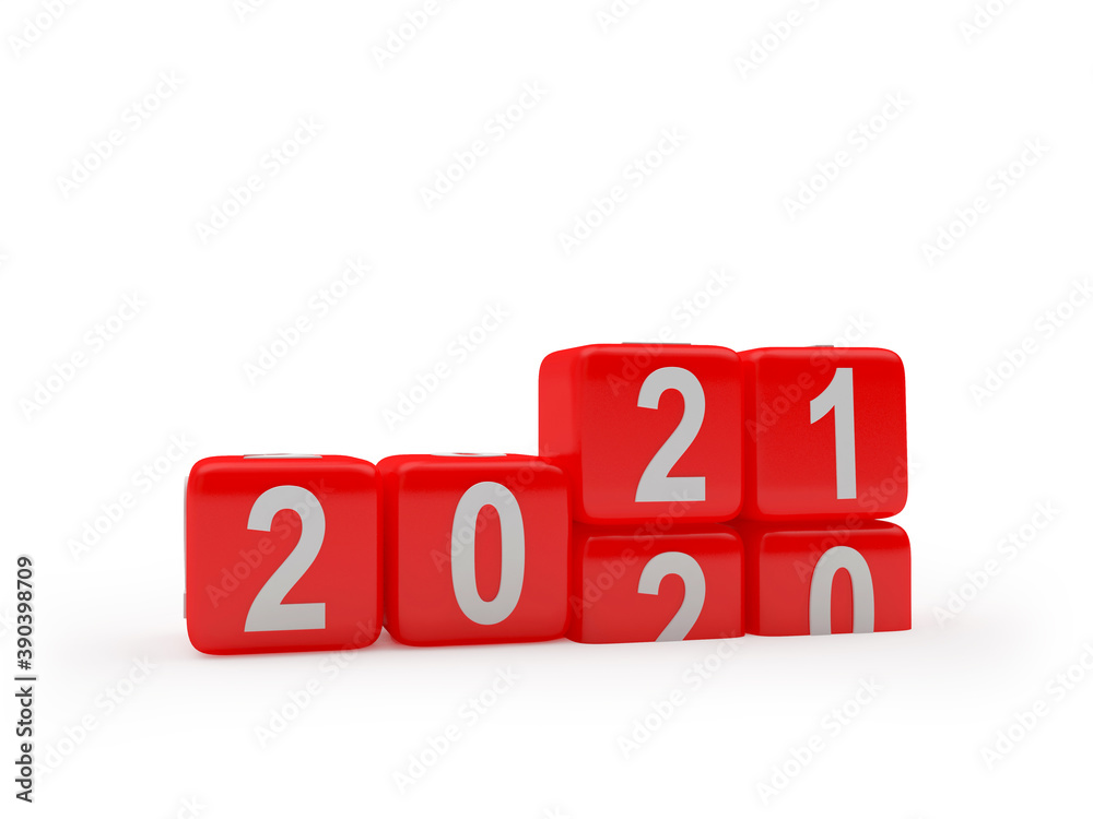2021 and 2020 red dice change numbers isolated on white background. 3D illustration 2021 and 2020 red dice change numbers isolated on white background. 3D illustration