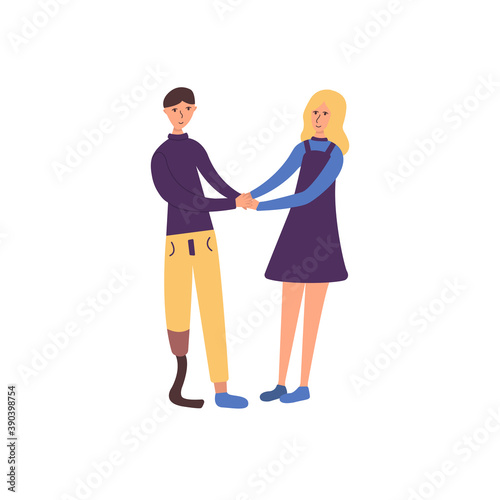 Guy with a prosthetic leg is holding hands with his girlfriend and smiling. Couple in love. Disabled person. Vector isolated illustration in cartoon style