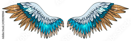 Beautiful magic shiny bright sparkling turquoise beige vector wings