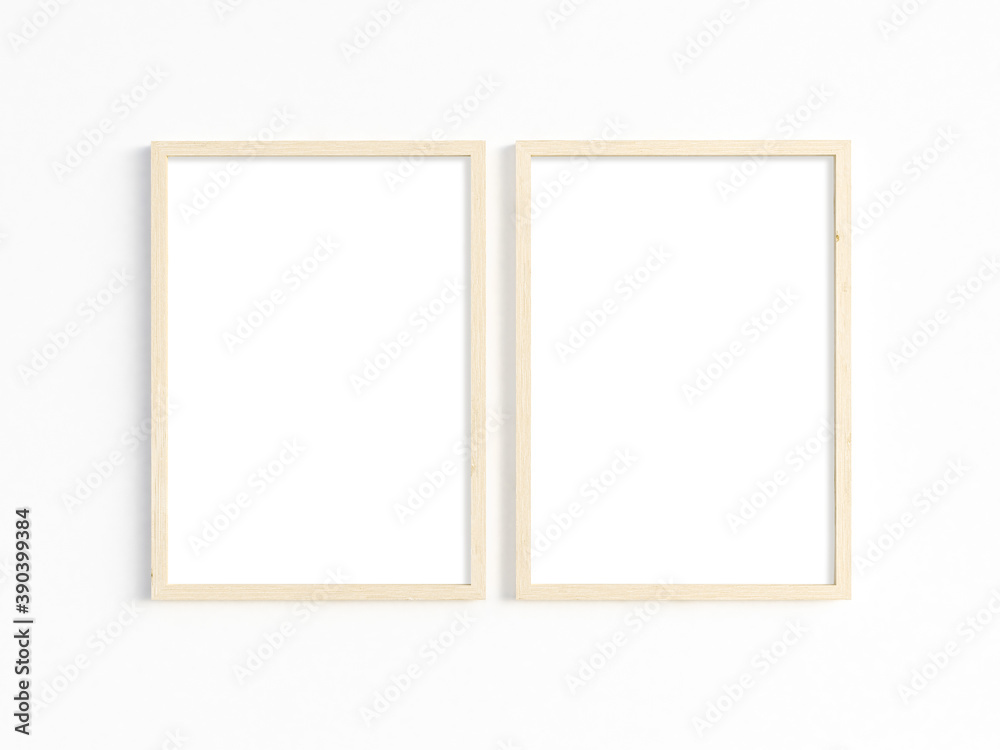 Two thin A4 wooden frames with portrait orientation. 3D illustration.