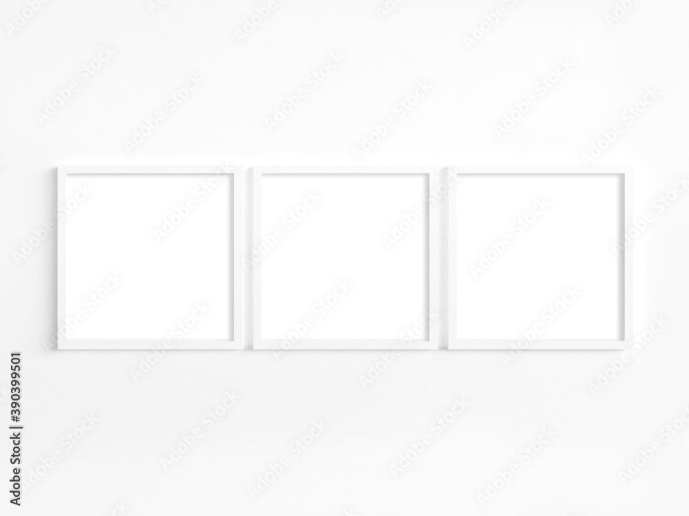 Mockup of three square white frames. 3D illustration.