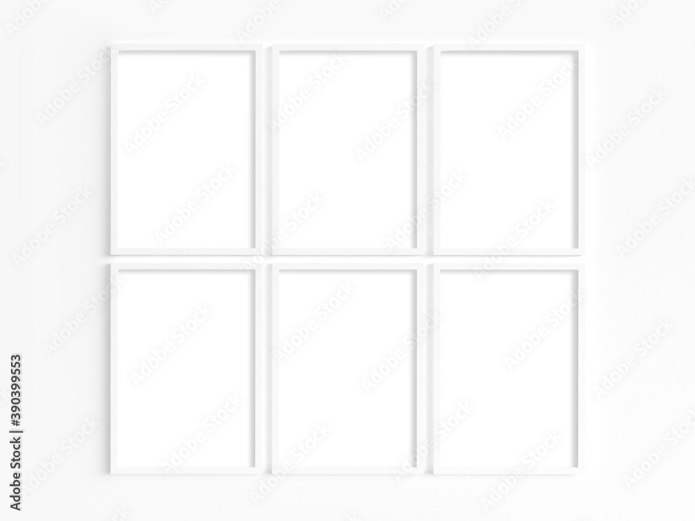 Six A4 white frames with portrait orientation on a light wall. 3D illustration. Six A4 white frames with portrait orientation on a light wall. 3D illustration.