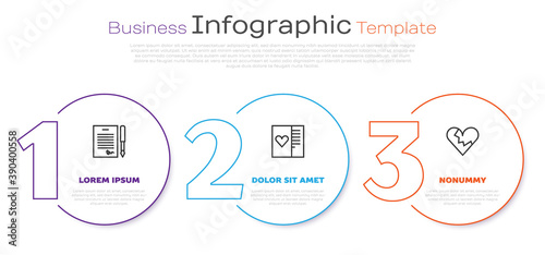 Set line Marriage contract, Postcard with heart and Broken or divorce. Business infographic template. Vector.
