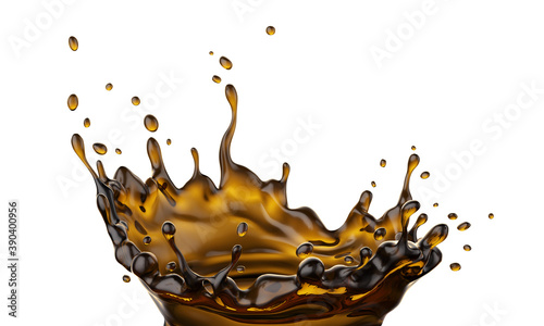 Coffee fluid splash crown flow with bubbles and drops isolated on white background. Clipping path included. Melted hot coffee or tea drink for food packaging design. 3d illustration.