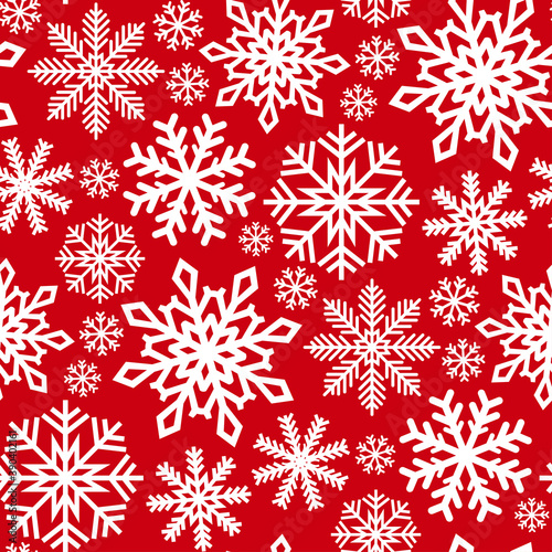 Beautiful different white snowflakes isolated on red background. Cute festive seamless pattern. Vector flat graphic illustration. Texture.