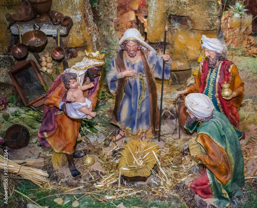 Fotografering Joseph with the three wise men with child Jesus Christmas bethlehem decoration f