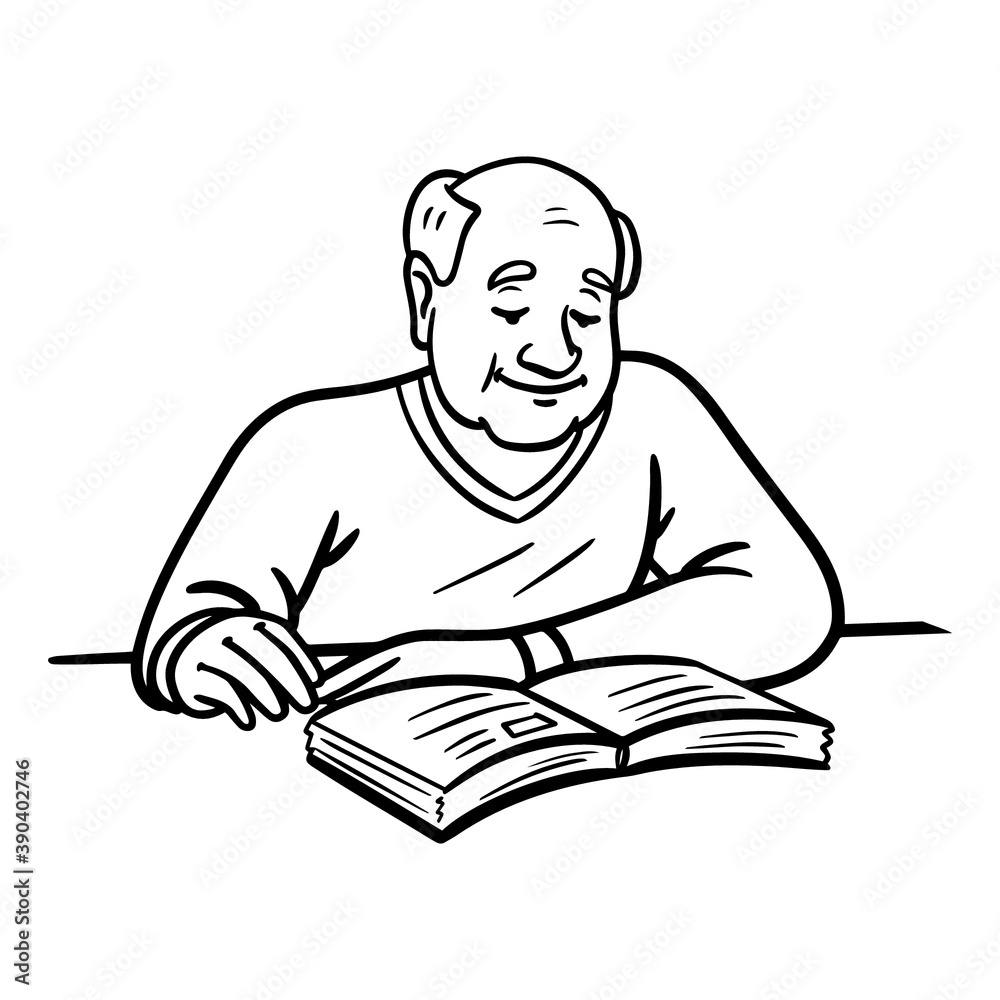 old man reads. outline, comic, monochrome, illustration. old man reads. outline, comic, monochrome, illustration.