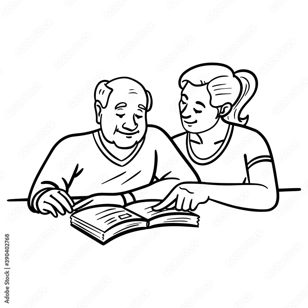 wife helps grandpa to learn. comic, outline, monochrome. wife helps grandpa to learn. comic, outline, monochrome.