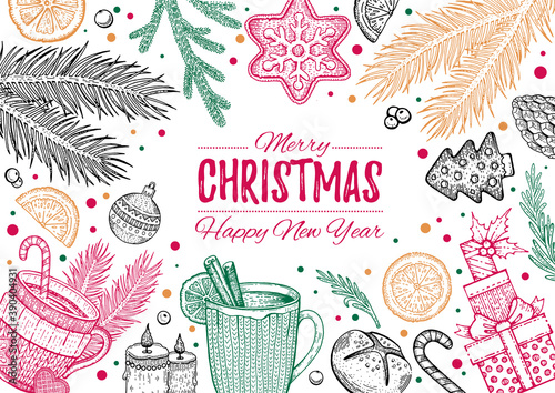 Christmas sketch illustration. Winter vector vintage background with xmas elements - tree, holly branch, new year food, flower. Holiday card, hand drawn menu, engraved sketch frame
