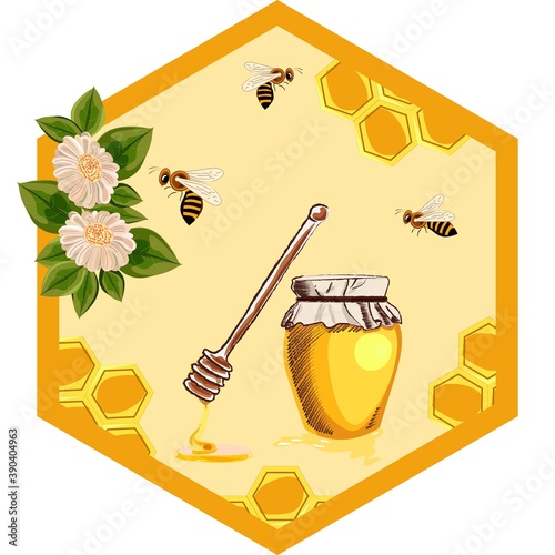 Vector illustration of organic honey in a glass jar, honeycombs, flowers, bees