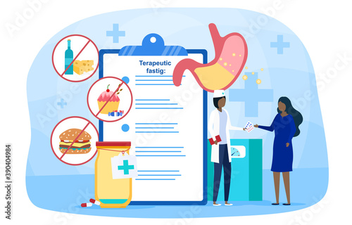 Overeating abstract concept. A plump girl is talking to a doctor against the background of a list of medical prescriptions. Flat wind cartoon illustration with fictional characters.