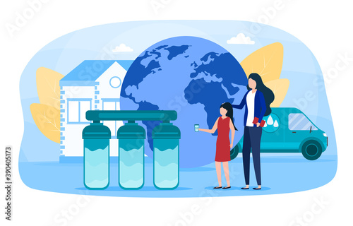 People drink purified water. Filtration and purification system, water at home, water delivery service concept. Global concept of water pollution. Colorful flat cartoon vector illustration