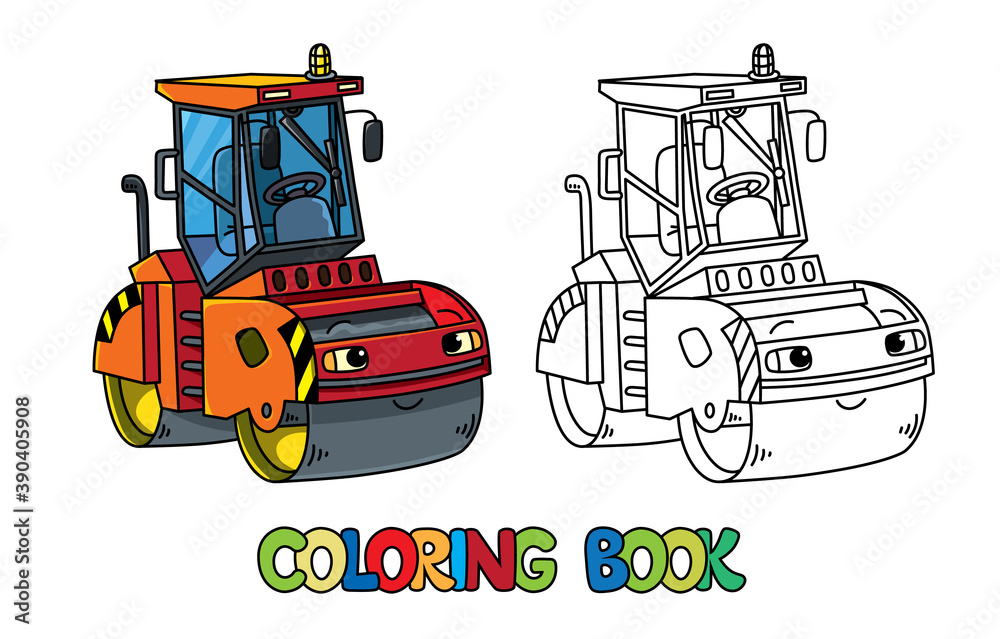 Funny asphalt compactor car with eye coloring book