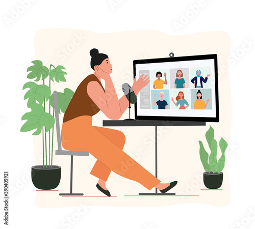 People listening and recording audio podcast or online show, video call. Female podcaster, broadcaster at workspace isolated cartoon character. Media hosting doodle drawing. Flat vector illustration.