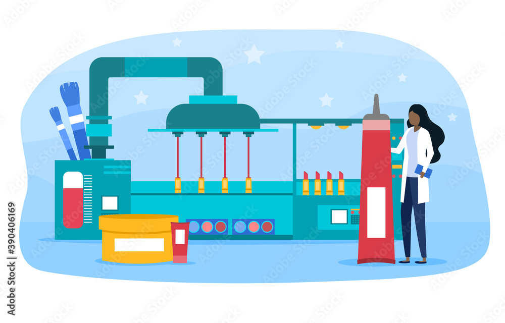 Automatic Machine for Production of Cosmetics, Cosmetologist Controlling the Production Process. Organic, Natural Cosmetics for Skin Care, Healthcare in Cosmetology. Cartoon Flat Vector Illustration