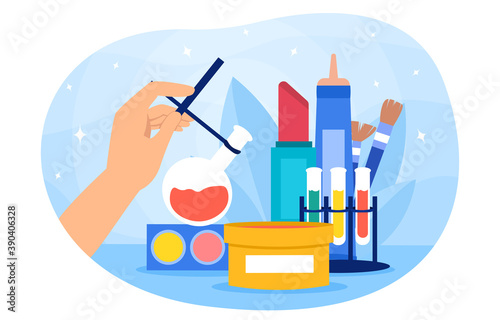 Unidentified scientist producing natural cosmetic in laboratory. Organic cosmetics for better skin care, body care, pampering. Cosmetology industry. Cartoon flat vector illustration