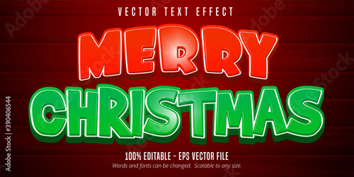 Merry Christmas text, cartoon style editable text effect on red color wooden background
