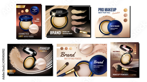 Powder Cosmetics Creative Promo Posters Set Vector. Makeup Powder Blank Packages With Puff And Mirror, Brush And Smear Collection Advertising Banners. Beauty Accessories Style Template Illustrations