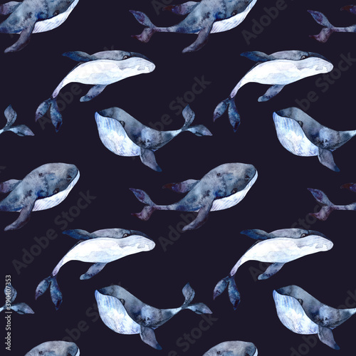 Seamless watercolor pattern with whales on a dark blue background. Watercolor illustration with a whale for fabrics, clothing, postcards, packaging paper. Nautical theme. 