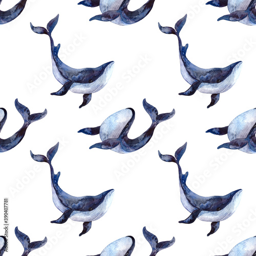 Seamless watercolor pattern with whales on a white background. Watercolor illustration with a whale for fabrics, clothing, postcards, packaging paper. Nautical theme.