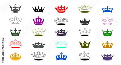 Set colour king crowns on white background. Vector Illustration. Emblem, icon and Royal symbols.