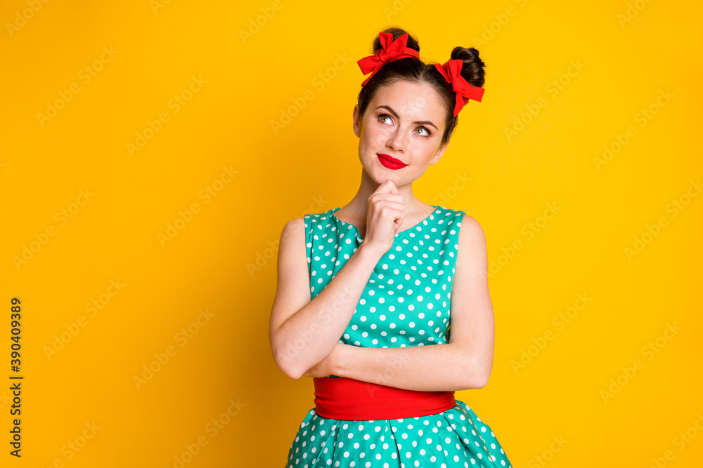 Photo of minded girl touch hand chin look copyspace think wear teal clothes isolated bright color background Photo of minded girl touch hand chin look copyspace think wear teal clothes isolated bright color background