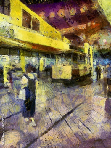 The landscape of the ancient district with ancient passenger trams Illustrations creates an impressionist style of painting. © Kittipong