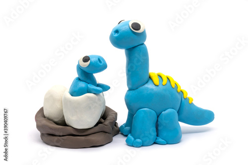 Play dough Brachiosaurus and baby on white background. Handmade clay plasticine