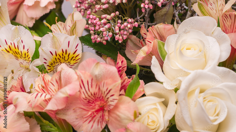 Bouquet of soft pink flowers in wrapping paper. Bouquet of soft pink flowers in wrapping paper.