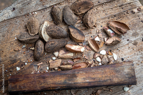 Close up of Brazil nuts in the amazon rainforest on rustic board and wood used to break the shell. Concept of environment, ecology, sustainable economy, conservation, biodiversity, healthy food. photo