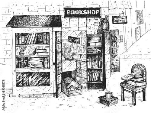 Open european bookshop exterior