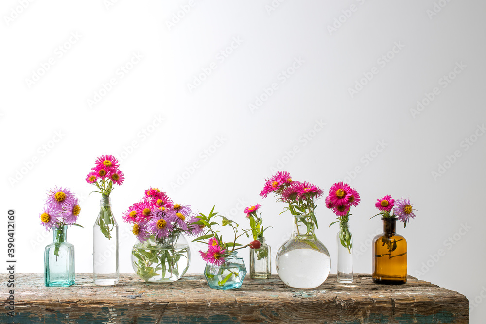Autumn asters in small pharmacy bottles instead of vases on a long wooden bench against white wall.