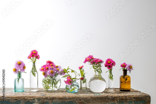 Fototapeta Naklejka Na Ścianę i Meble -  Autumn asters in small pharmacy bottles instead of vases on a long wooden bench against white wall.