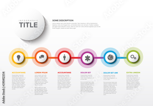 Six white circle steps timeline process infographic