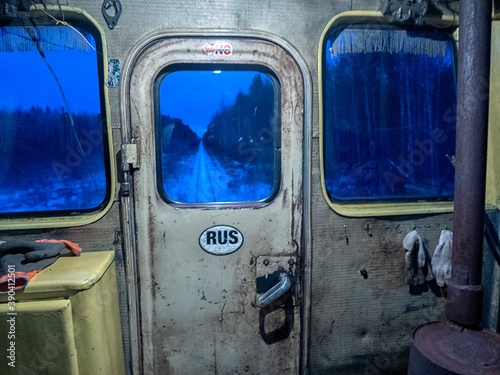 close-up of an old diesel locomotive, inside view