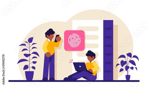 Data protection concept. Database security. Big data storage, big data engineering, data protection, disk infrastructure, business information safety, access policy. Modern flat illustration.