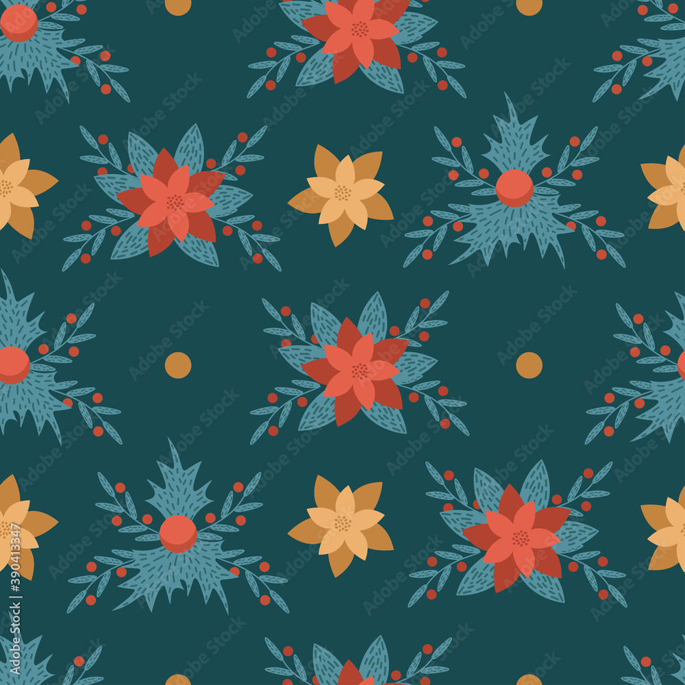 Obraz premium Merry Christmas and Happy New Year seamless pattern with poinsettia, holly leaves and berries. For greeting cards, wrapping papers. Vector illustration on dark green background.