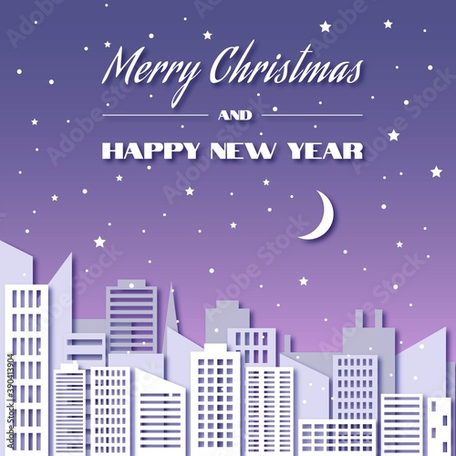 Merry Christmas and Happy new year illustration. Night city and snowfall, fashionable cutout design.