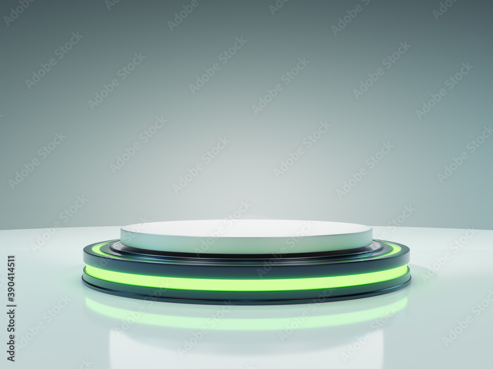 3D render. Futuristic product showcase. Abstract minimal background. Neon lights. Ring with light over empty podium stagem. Pedestal with neon. Round frame 3D render. Futuristic product showcase. Abstract minimal background. Neon lights. Ring with light over empty podium stagem. Pedestal with neon. Round frame