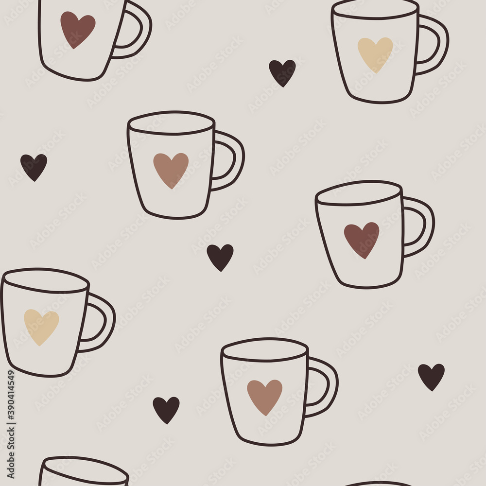 Cute seamless vector pattern with coffee and tea mugs with hearts. Vector illustration in Doodle style. For wallpaper, textiles, fabric, paper.